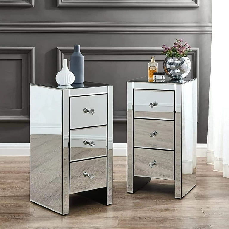 Silver Mirrored Bedside Cabinet with Circular Lattice Overlay Door
