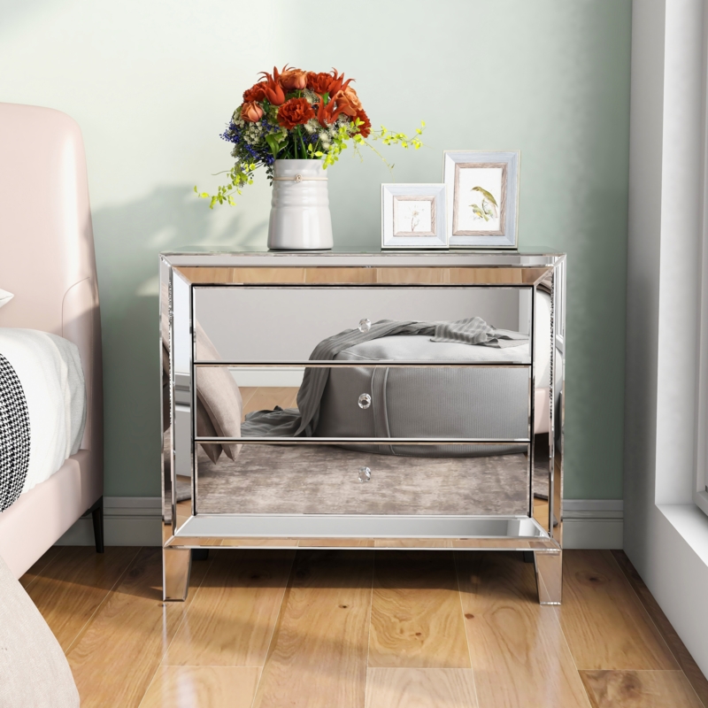 Silver Mirrored Nightstand Three Drawers Faceted Handles Polished Trim