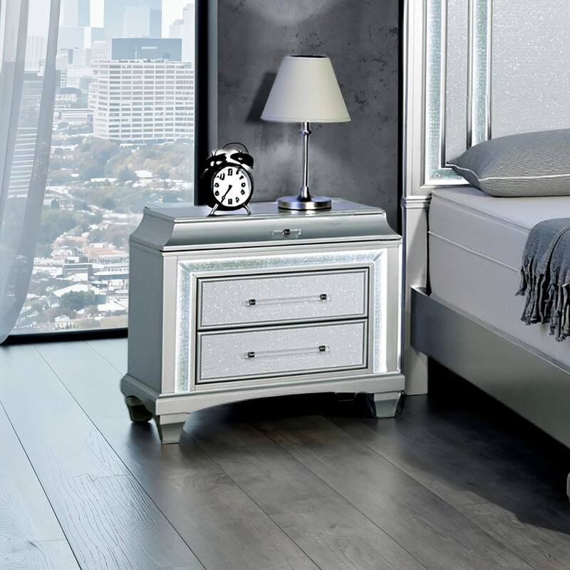 Silver Nightstand with Underlight LED and Mirrored Inlays