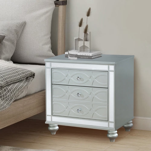 Silver Painted Nightstand with Three Drawers and Round Crystal Knobs