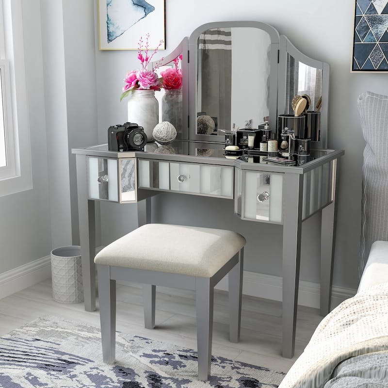Silver Vanity Set, Tall Arched Mirror, Metallic Finish, Tapered Legs, 3-Piece.