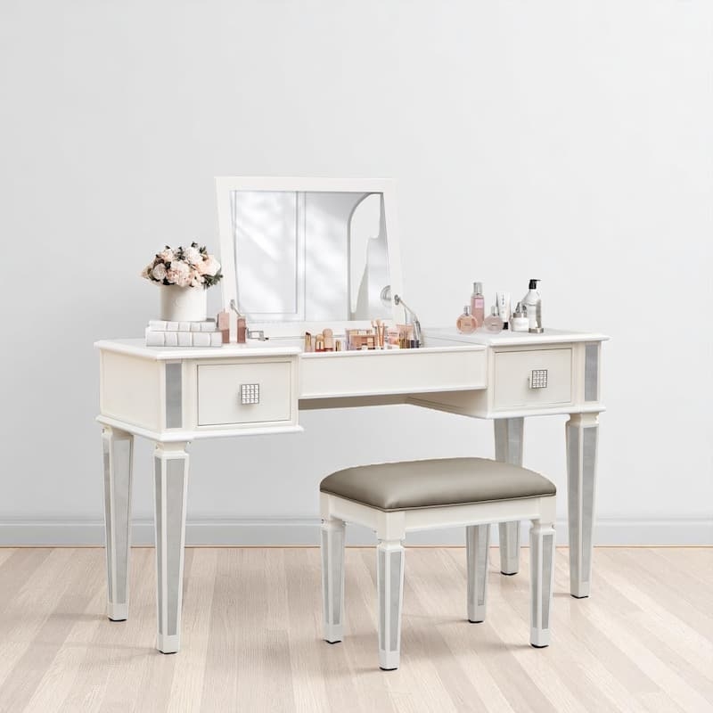Silver Vanity Set with Integrated LED Flip-Top Mirror