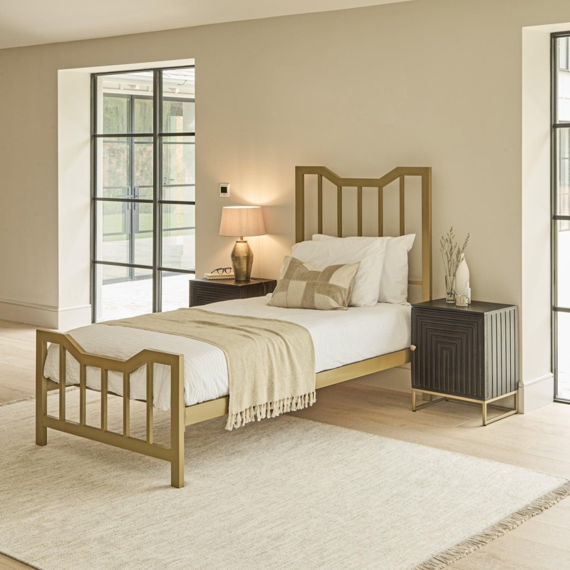 Single Bed Frame Gold Metal Spindled Headboard Minimalist Platform