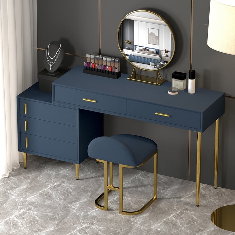 Slate Blue Makeup Vanity Set Retractable Cabinet Gold Metal Accents