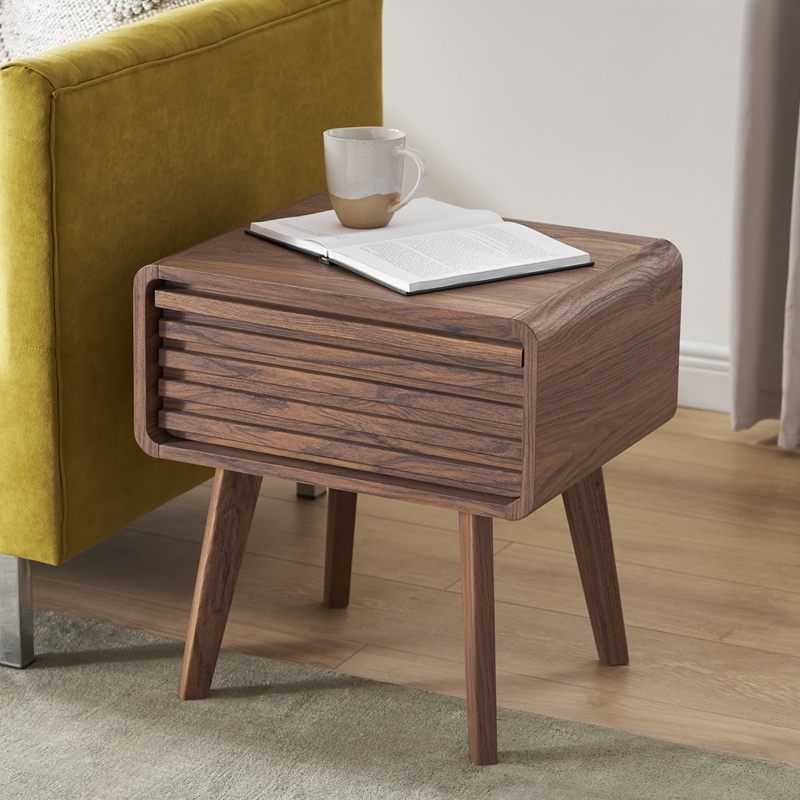 Slatted Front Walnut Nightstand with Open Cubby and Tapered Legs