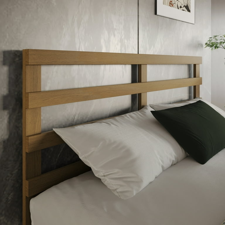 Slatted Headboard with Flat Top Rail, Light Oak Wood Finish