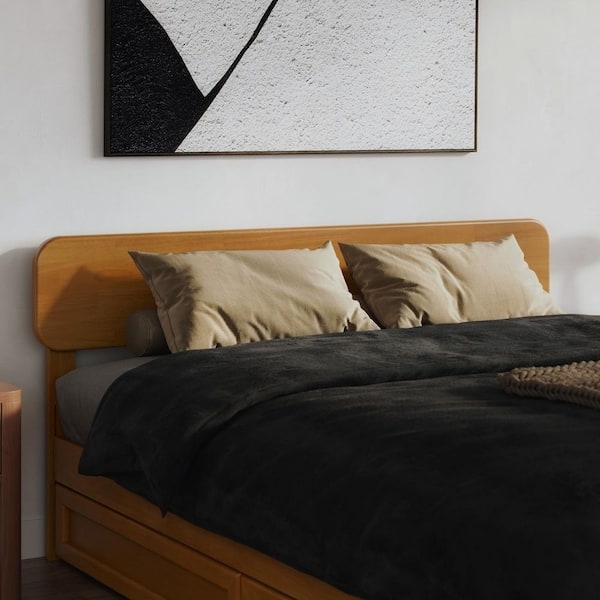 Slatted Wood Headboard with Bronze Accents, Light Toffee Finish