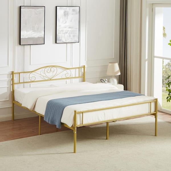 Sleek Bed Polished Gold Metal Vertical Slat Headboard Platform Base