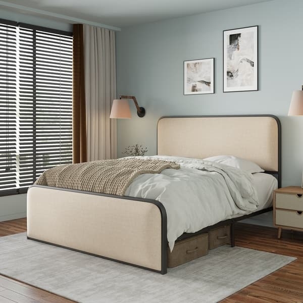 Sleek Metal Bed Frame with Upholstered Headboard
