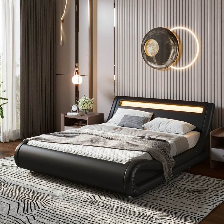 Sleigh Bed Black LED Lighting Button Tufted Headboard Shelf