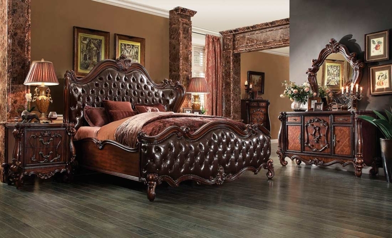 Sleigh Bed Cherry Oak Finish Ornate Button Tufted Leather Style