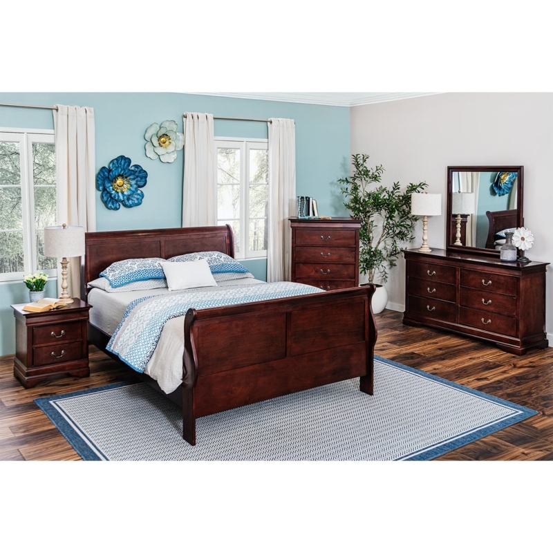 Sleigh Bed Espresso Finish Paneled Footboard Traditional Luxury