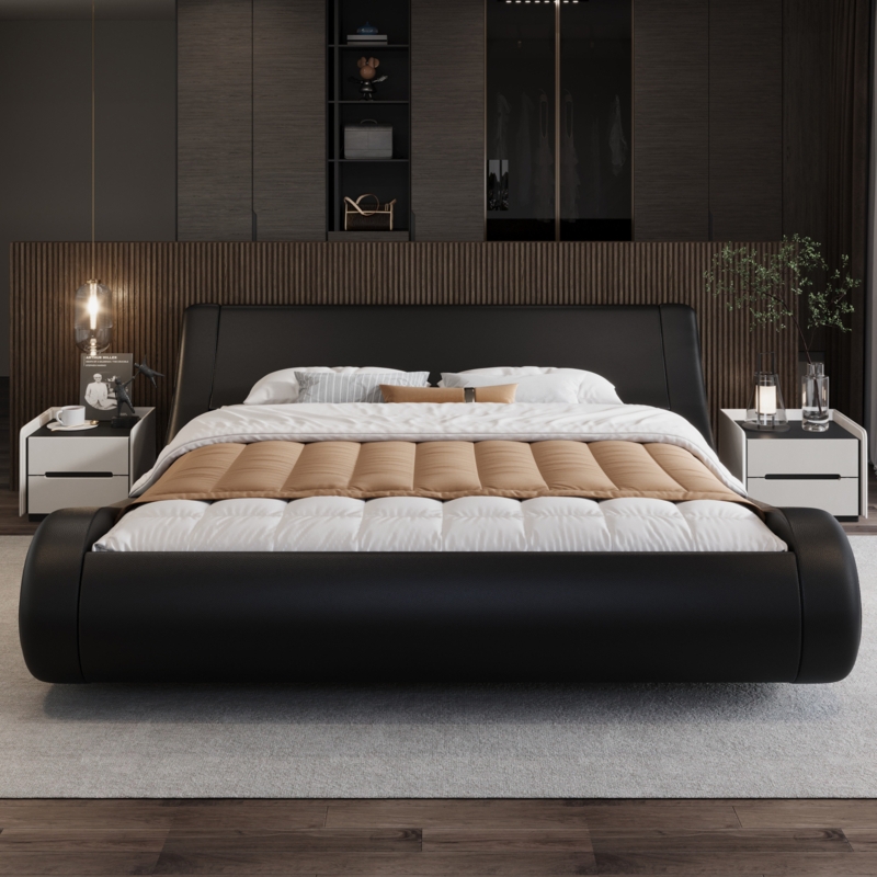 Sleigh Bed Faux Leather Ergonomic Curved Headboard Low Profile