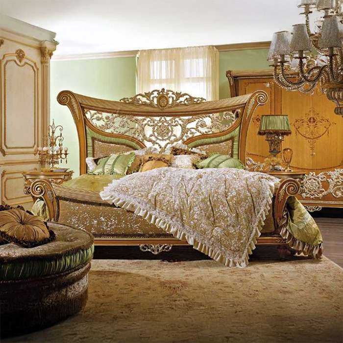Sleigh Bed Gold Leaf Scrolling Acanthus Carvings Cream Tufted Regal