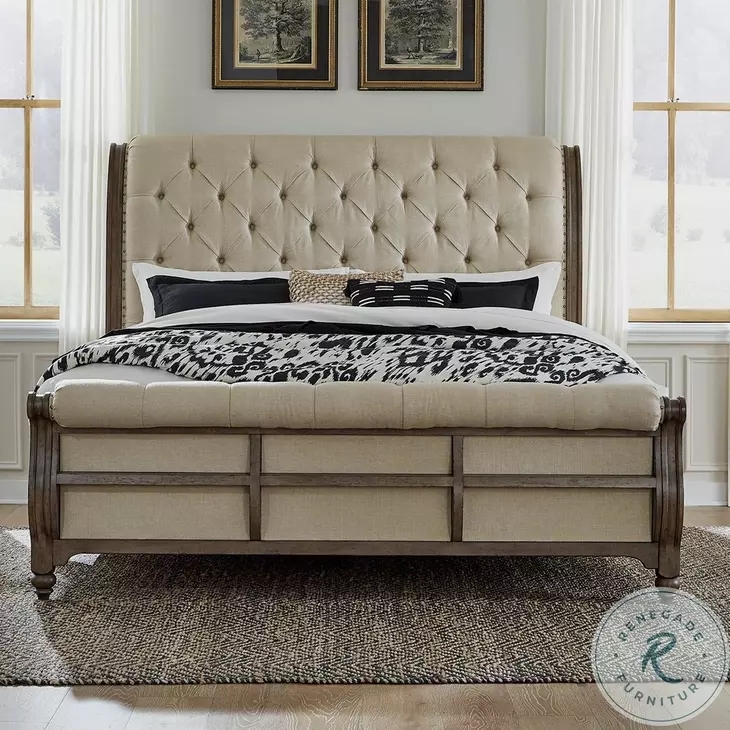 Sleigh Bed in Americana Farmhouse Style with Dusty Taupe Finish