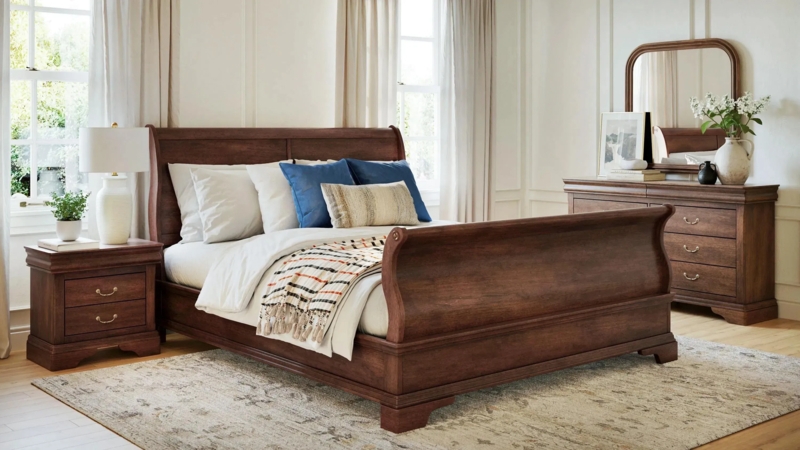 Sleigh Bed in Espresso Wood with Scrolled Headboard Traditional Design