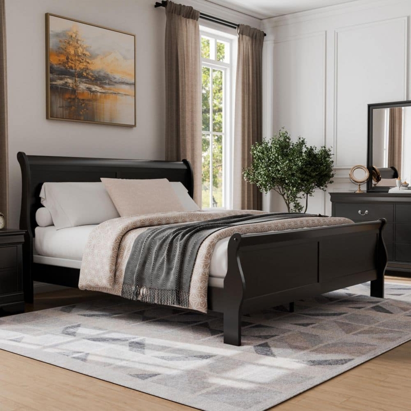 Sleigh Bed King Size Black Finish Paneled Wood Frame Transitional