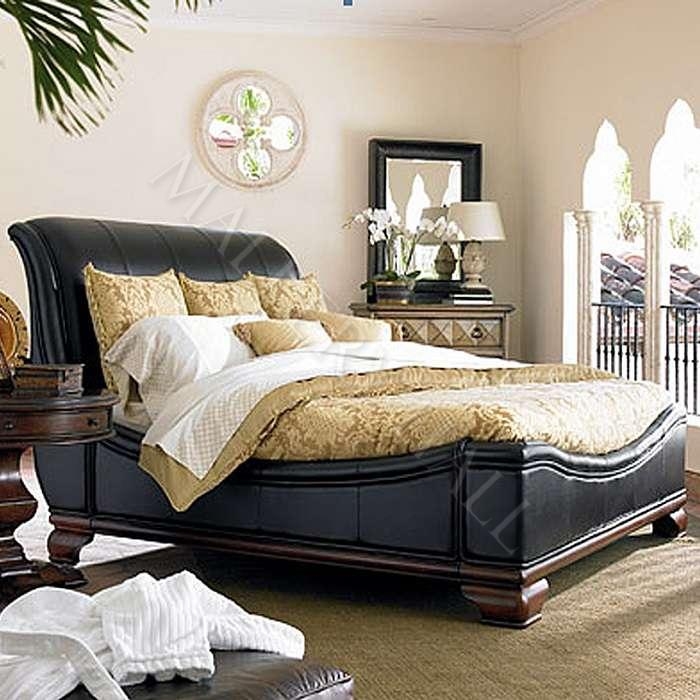 Sleigh Bed Leather-Like Diamond Tufted Nailhead Trim Distressed Finish