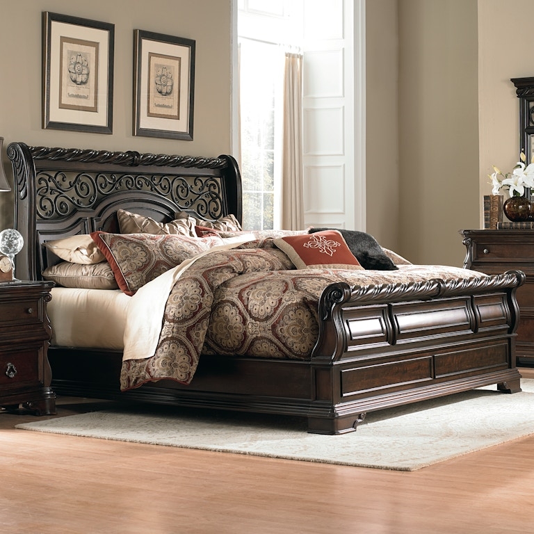 Sleigh Bed Queen Dark Brown Wood Turned Bun Feet Paneled Design