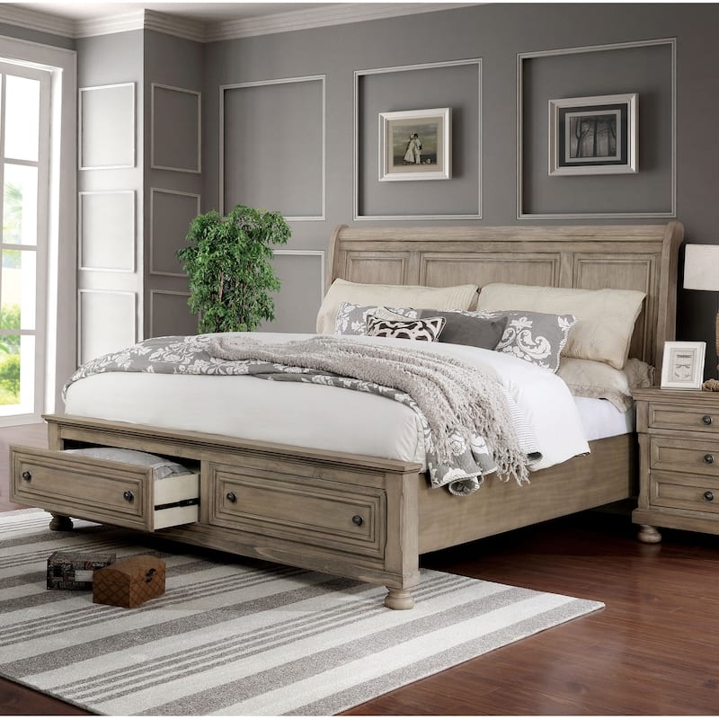 Sleigh Bed Rustic Wood Finish Storage Footboard Paneled Design