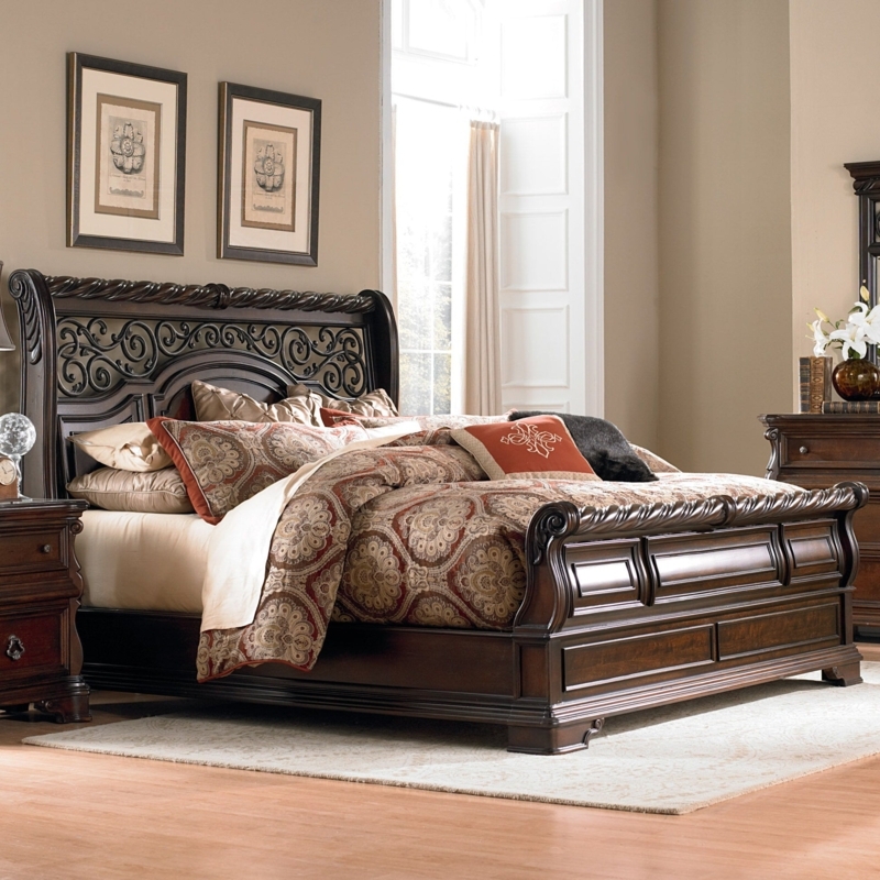 Sleigh Bed Traditional Dark Brown Decorative Grain Inlay