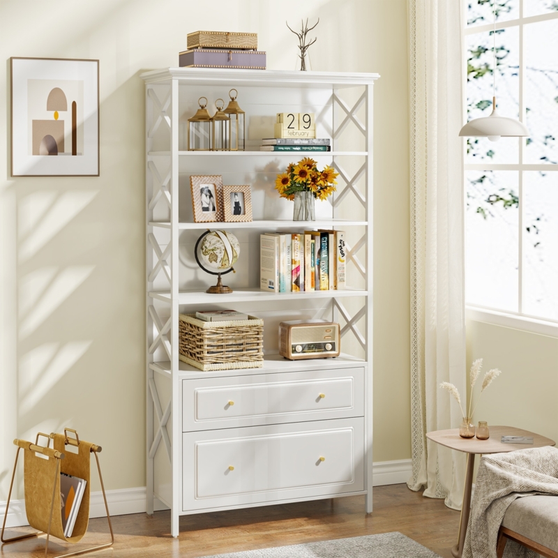 Slender Bookshelf Black Gold Hardware Bottom Drawers