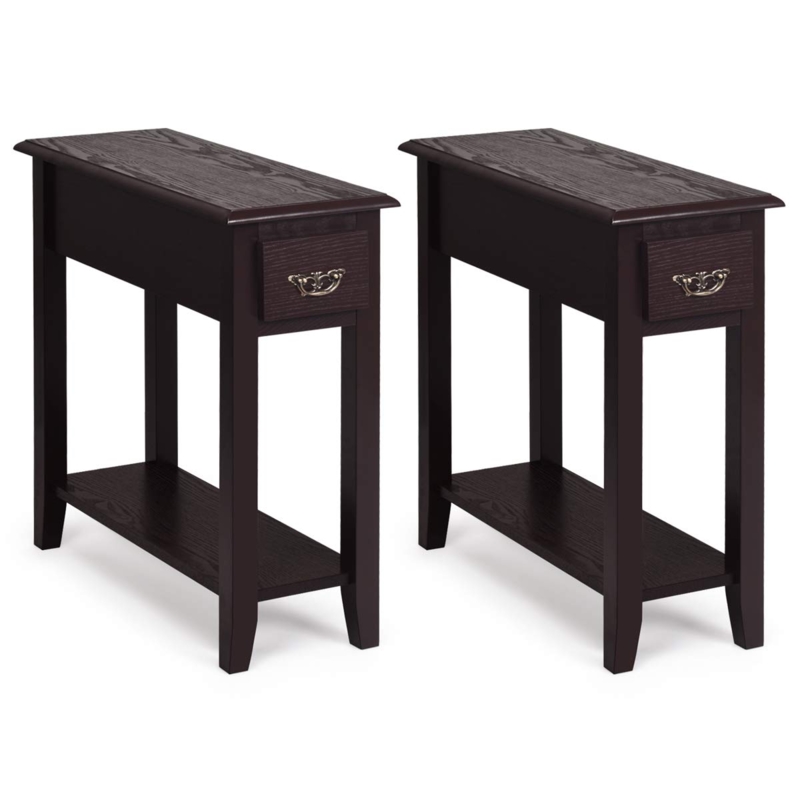 Slim End Table: Matte Black Finish with Top Drawer and Tiered Shelving