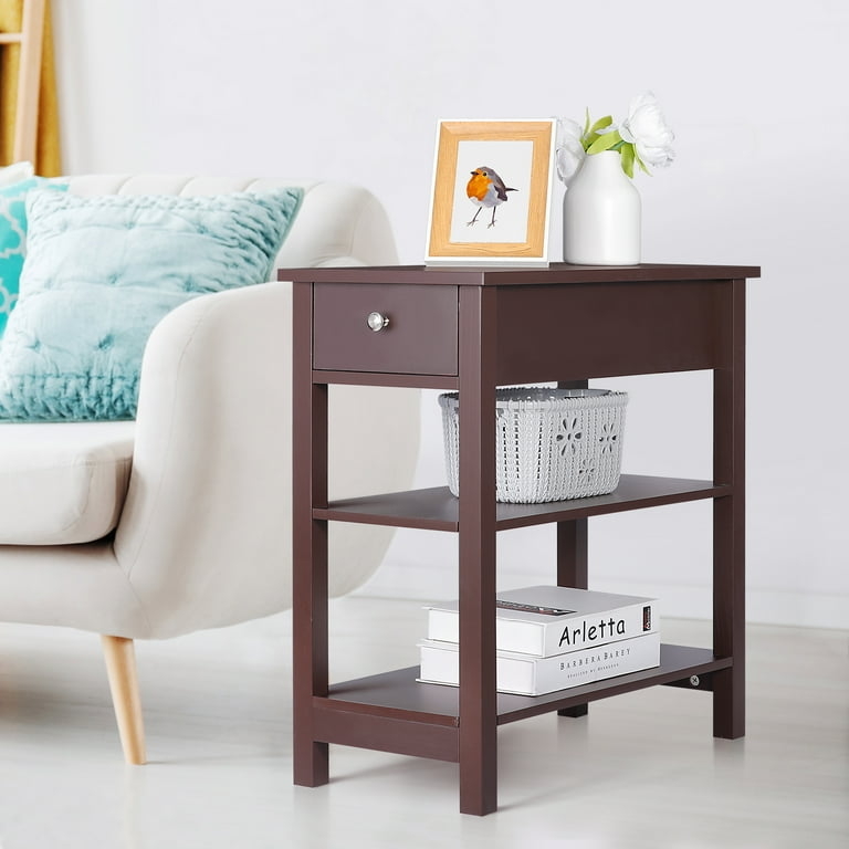 Slim Espresso End Table featuring Three Tiers and a Storage Drawer