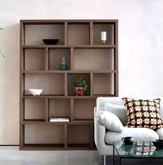 Slim Profile Bookcase in Warm Wood Tone with Staggered Open Shelving