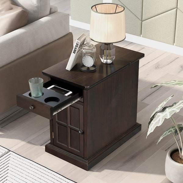 Slim Side Table Featuring Cup Holders and Storage Drawer