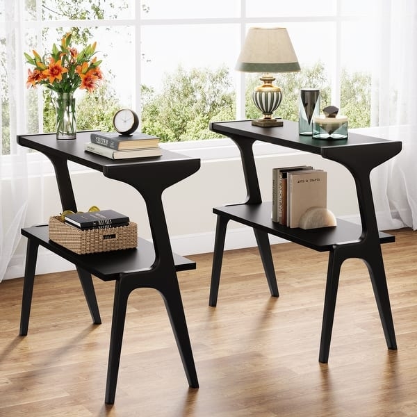 Slim Sofa Side Table Set, Two-Tier Design, Modern Industrial Style