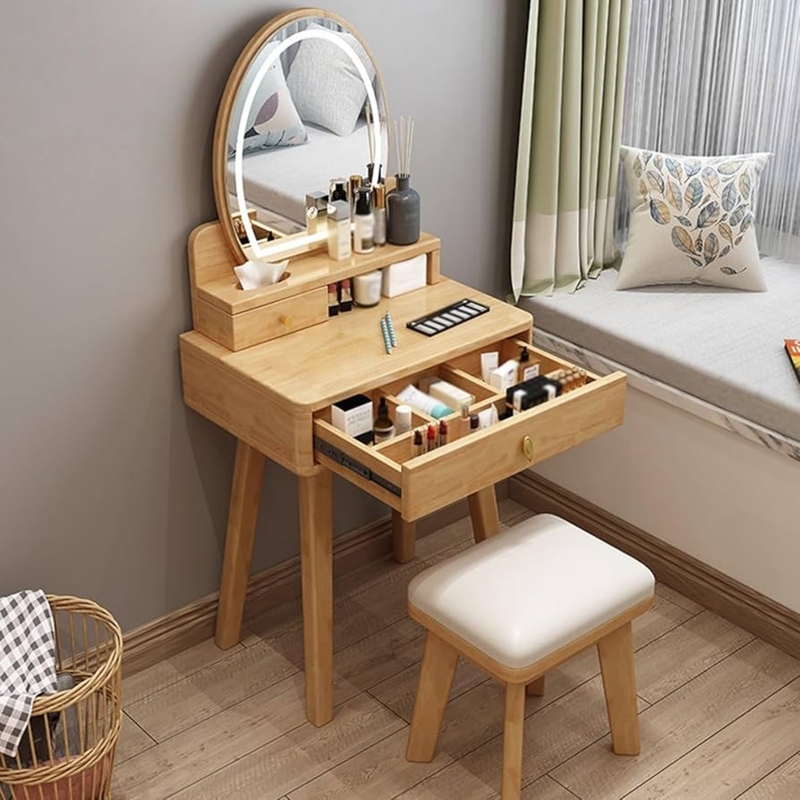 Small Pink Vanity Set with LED Mirror, Stool, and Drawers