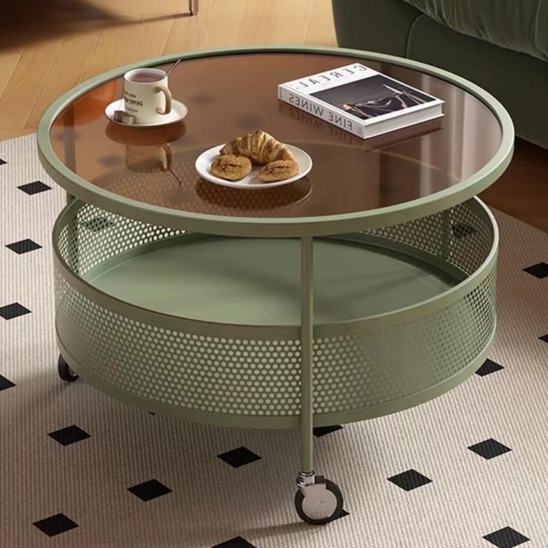 Small Space Coffee Table with Wire Storage Basket, Round Glass Top