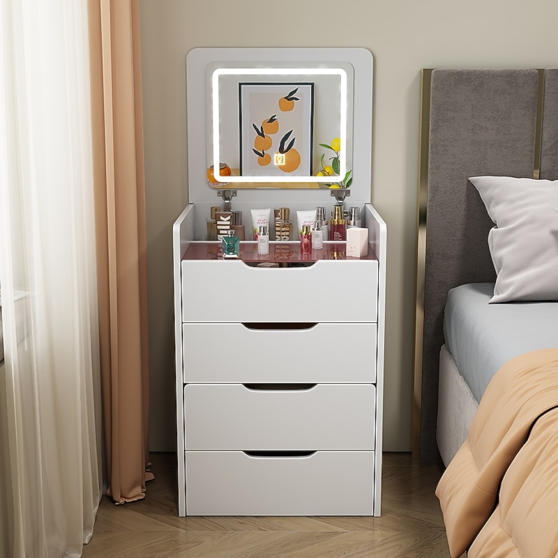 Small Space Makeup Vanity with Ring Pull and Circular Mirror White