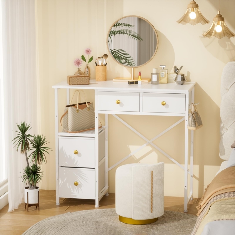 Small Vanity Desk with Fabric Drawers and Side Hook
