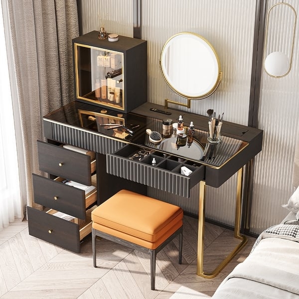Smoked Wood Vanity, Tempered Glass Top, LED Mirror, Mid-Century Modern Style.