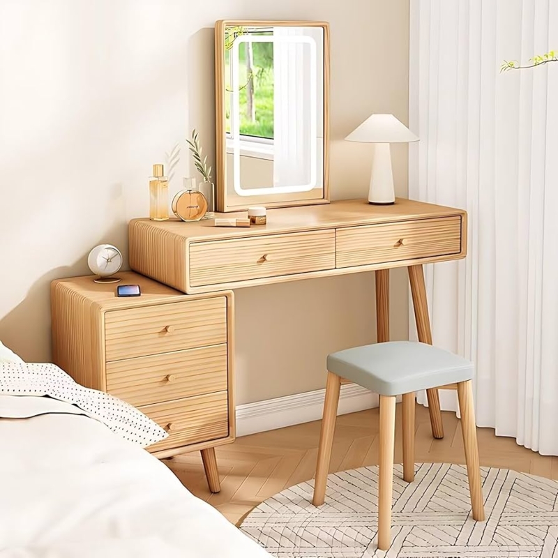 Solid Wood Vanity Set with Circular LED Mirror and 5 Drawers