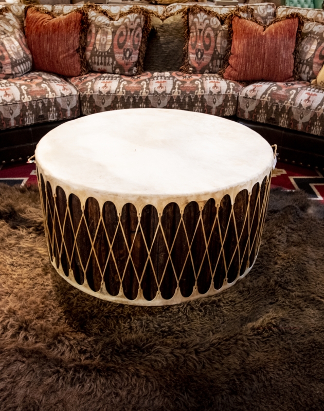Southwestern Drum Coffee Table Rawhide Leather with Nailhead Trim