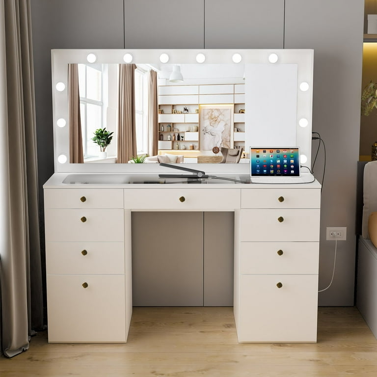 Spacious Makeup Vanity with Nine Drawers, Lighted Mirror, and Gold Knobs