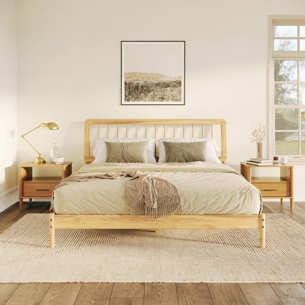 Spindle Bed Natural Wood Finish Slat Back Tapered Legs