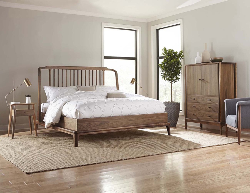 Spindle Bed Walnut Finish Curved Rail Craftsman Tapered Legs