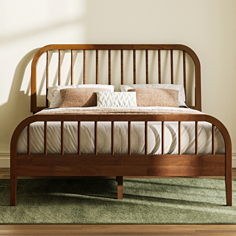 Spindle Bed Walnut Finish Mid-Century Modern Headboard & Footboard