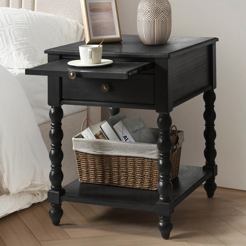 Spindle Leg Nightstand with Pull-Out Tray, Charcoal