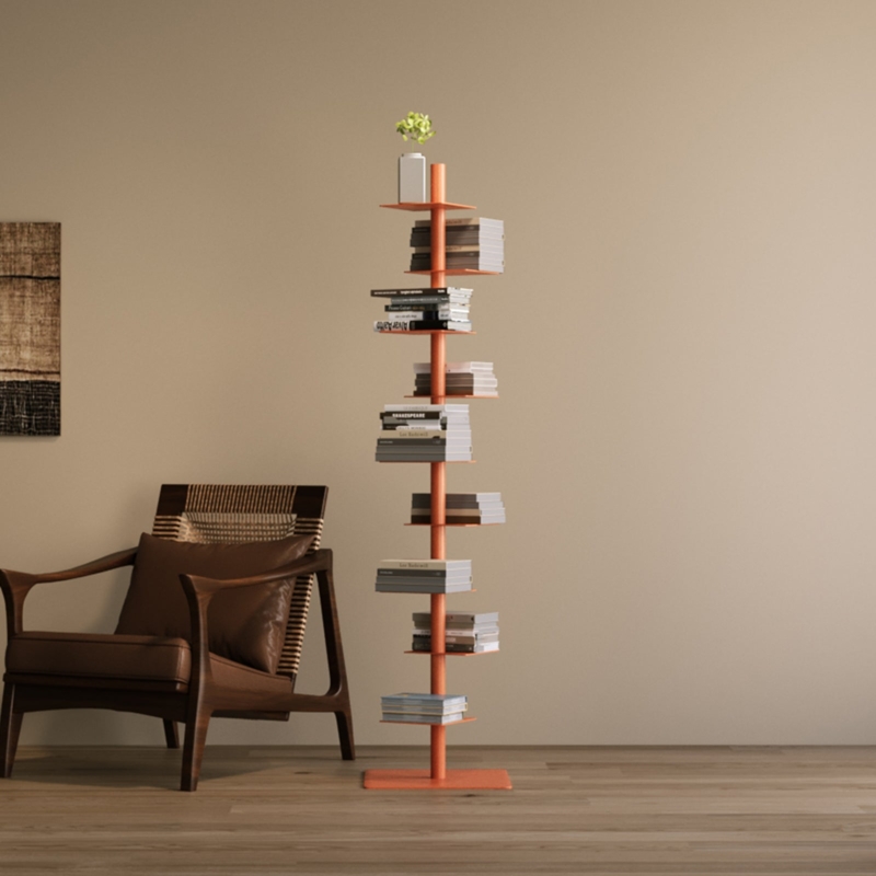 Spine Bookcase Nine-Tier Vibrant Orange Metal Floating Shelves