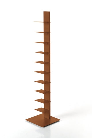 Spine Bookcase Weathered Corten Finish Industrial Metal Floating Effect