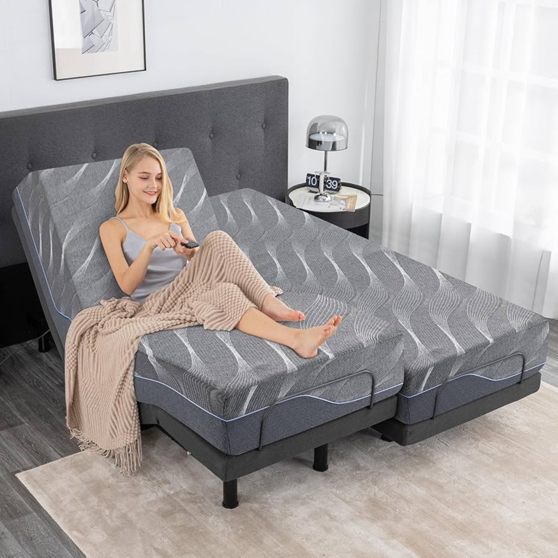 Split King Adjustable Bed with Grey Mattresses in Minimalist Room
