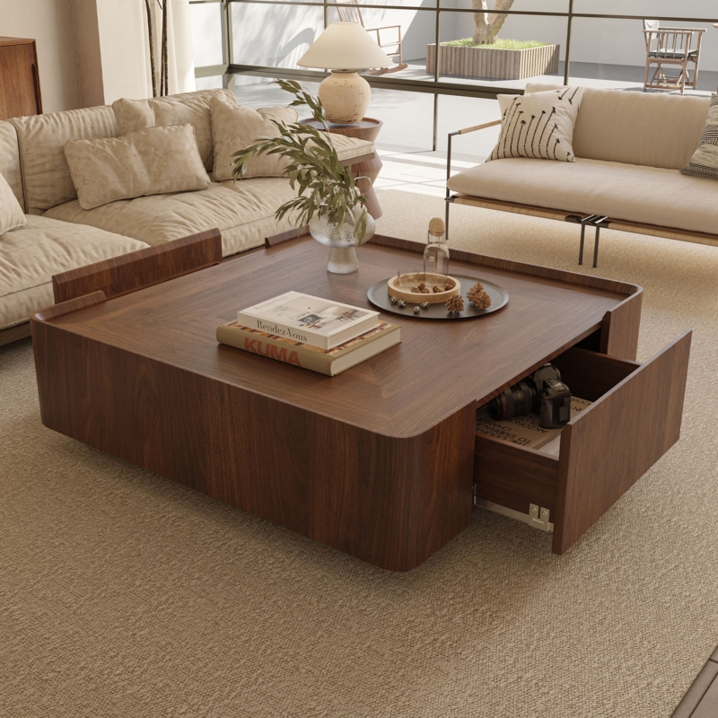 Square Block Coffee Table Storage Drawers Walnut Grain Pattern