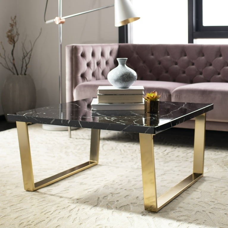 Square Coffee Table featuring Black Marbled Top and Gold Cross Base