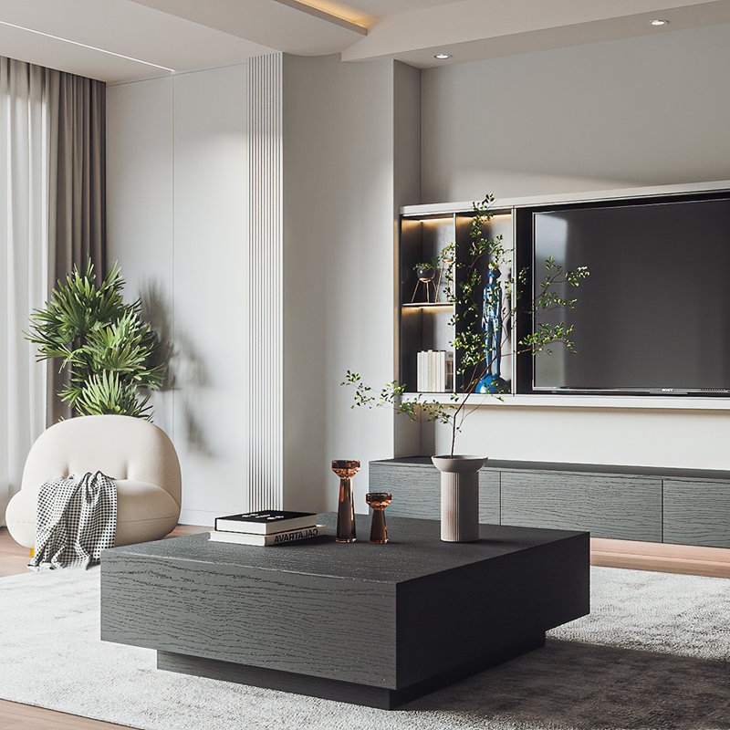 Square Coffee Table Interlocking Design, Matte Black Architectural Base