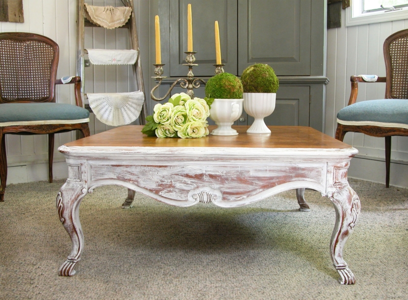 Square Coffee Table, Two-Tone Whitewashed Base, Turned Legs. French country styling.